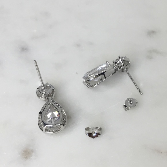 .925 Sterling Silver Rhodium Plated Teardrop CZ Earrings - Picture 12 of 17